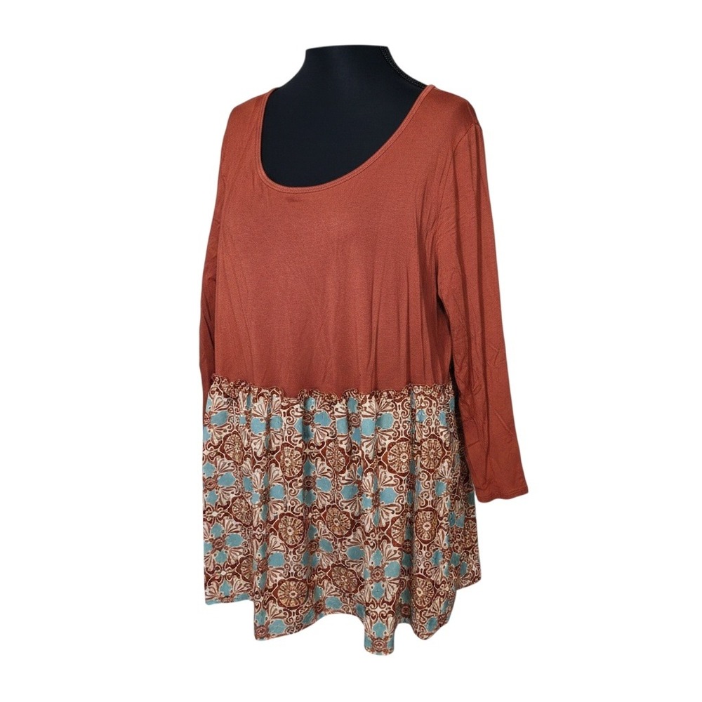 EVRI Womens 1X Rust Orange Medallion Print Babydoll Tunic Top Long Sleeve Mixed